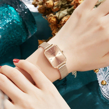 Elegant Rectangle Ultrathin Nordic Simple Style Quartz Movement Fashion Stainless Steel Mesh Bracelet Ladies Watches